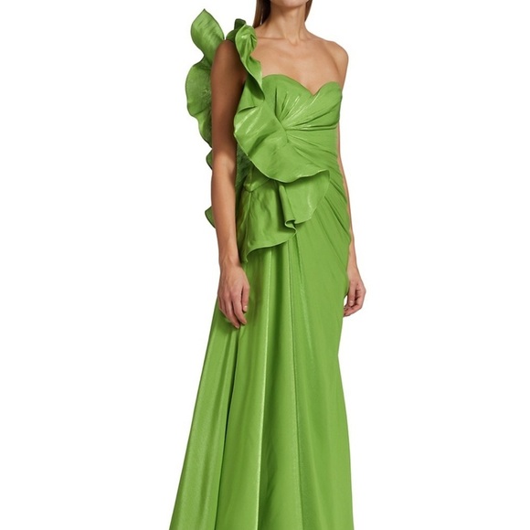 NWT Green Badgley Mischka Botanical Formal One Shoulder Ruffle Gown NEW - Picture 5 of 14